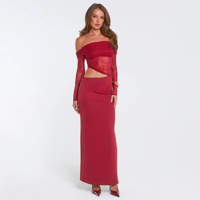 Full-length view of red off-shoulder cut-out evening gown