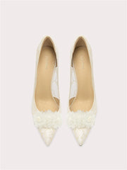 Lace mesh flower pumps with pointed toe and thin high heel