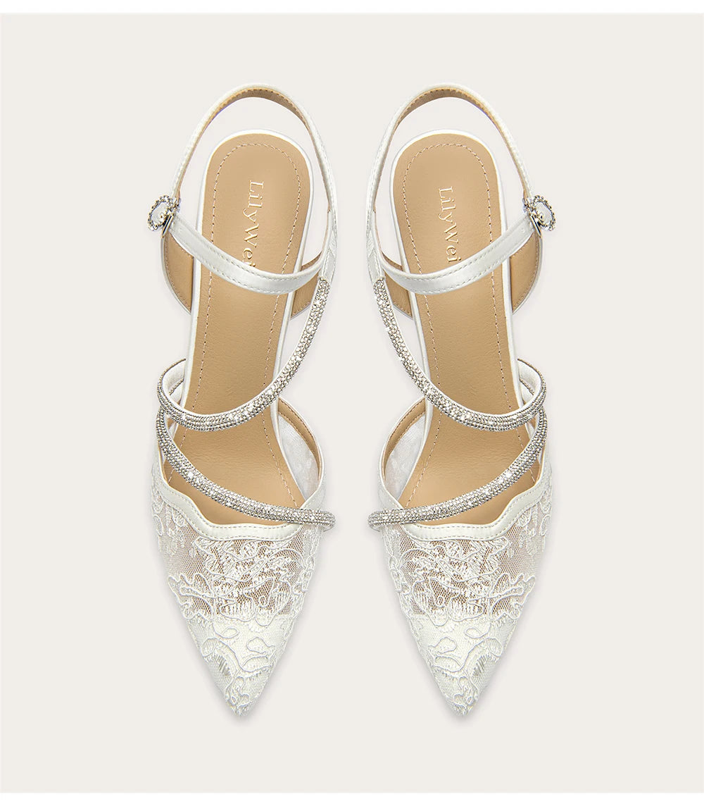 Lace mesh rhinestone pointed toe wedding sandals