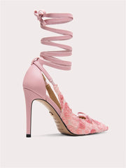 Lace mesh rose bow lace-up pumps with pointed toe and thin heel