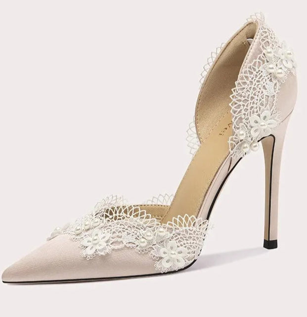 Lace and pearl formal party shoes in beige for women