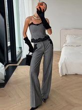 Strapless top and high-waist trousers set with lace trim detailing