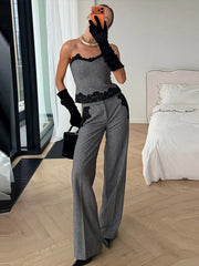 Strapless top and high-waist trousers set with lace trim detailing