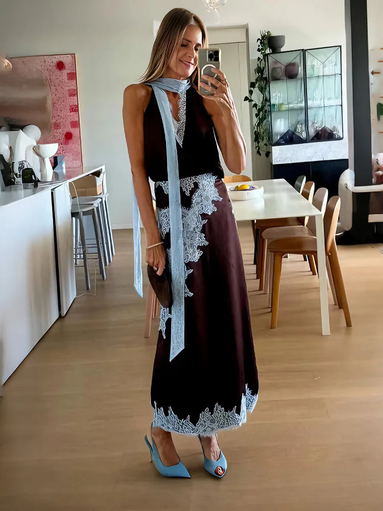 Two-piece set with sleeveless V-neck top and lace-trim midi skirt