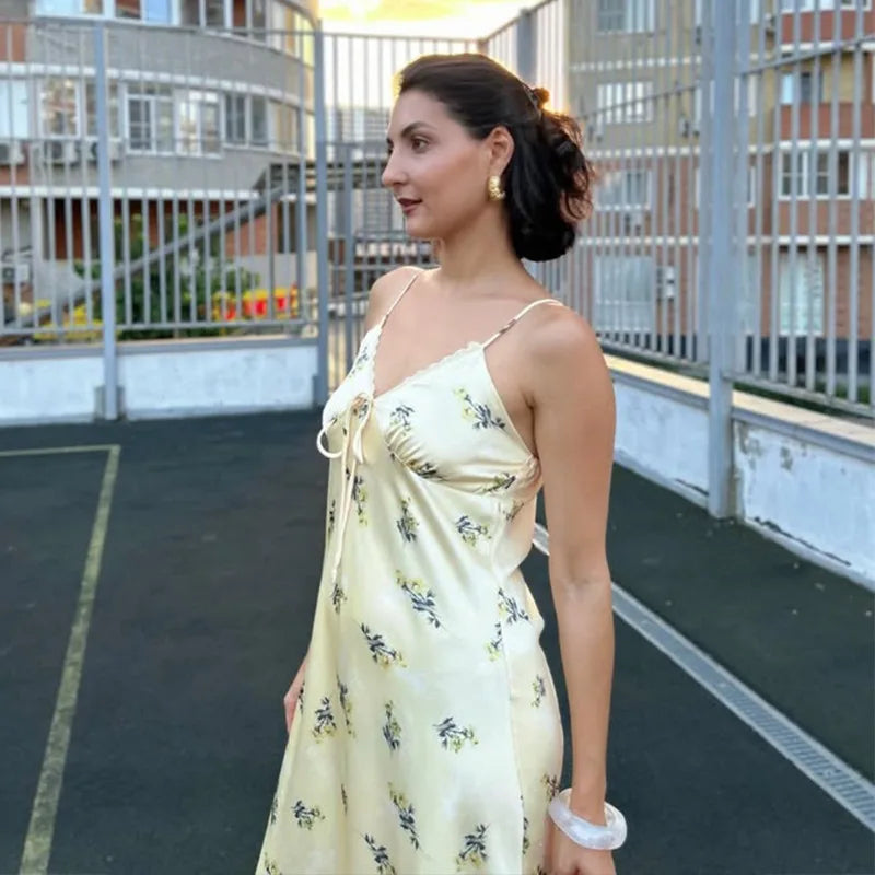 Lace trim yellow maxi dress perfect for garden events and brunch