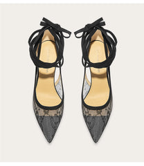 Pointed lace-up high heel pumps with lace upper