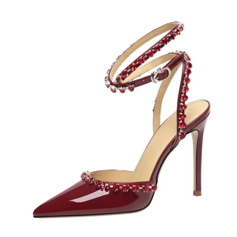 Patent leather ankle strap sandals with crystals