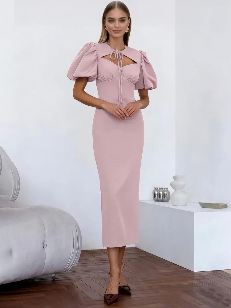 V-neck maxi dress with lace-up detail and short sleeves