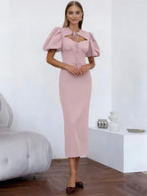 V-neck maxi dress with lace-up detail and short sleeves