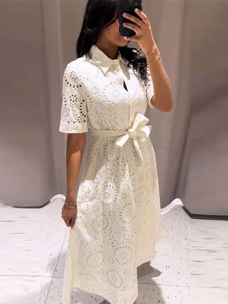 White ankle-length embroidered dress for women with short sleeves