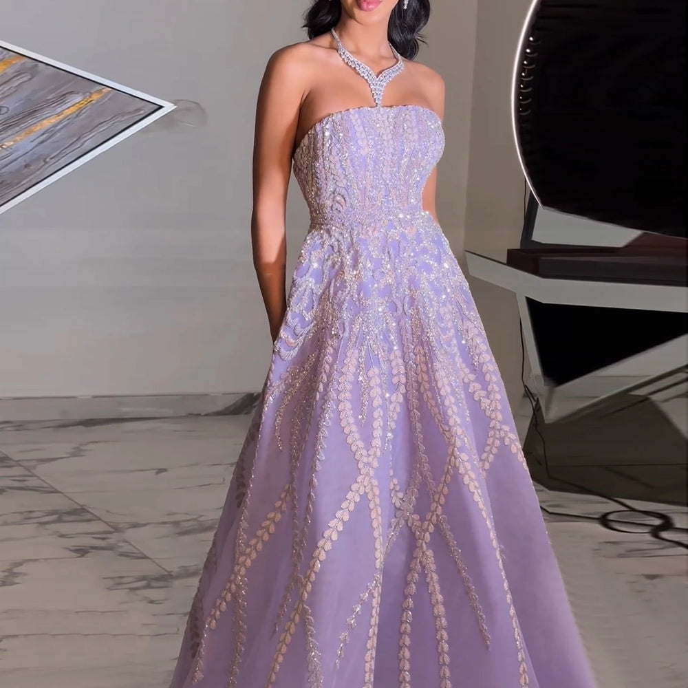 The full length of the Lavender Dream Dress, showing its flowing A-line silhouette.