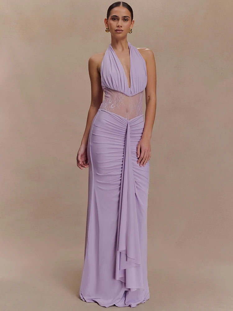 Lavender halter mesh maxi dress with ruched detailing for evening wear