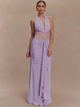 Lavender halter mesh maxi dress with ruched detailing for evening wear