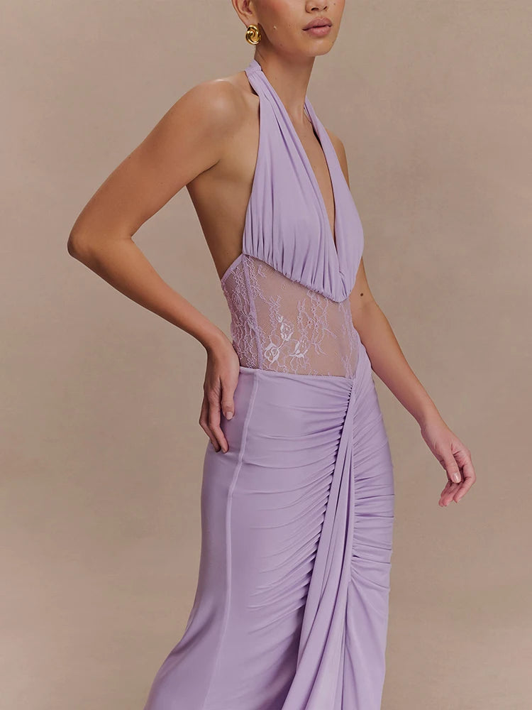 Lavender draped maxi dress for formal galas and red-carpet occasions