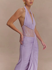 Lavender draped maxi dress for formal galas and red-carpet occasions