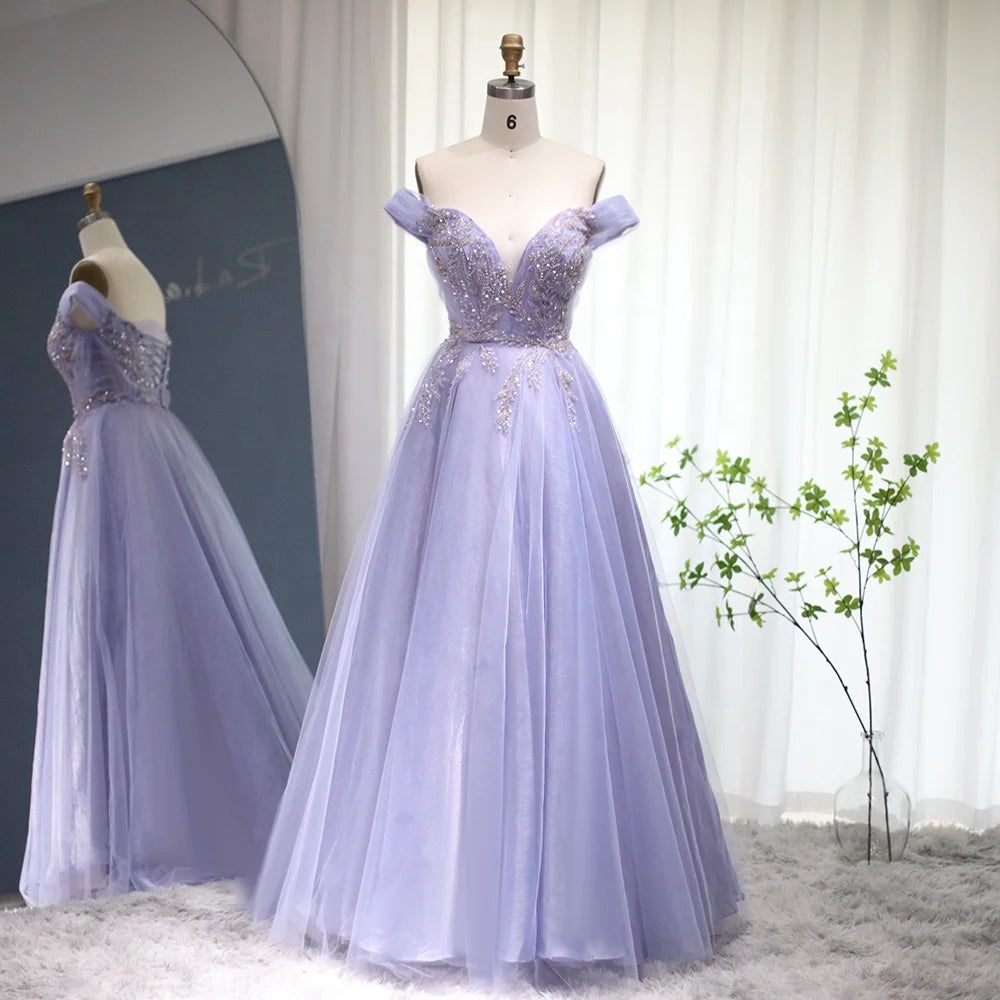 Off-shoulder floor-length organza gown with sequin embellished bodice