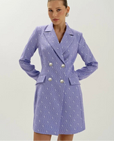 Lavender printed blazer mini dress styled as sharp city outerwear