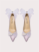 Lavender white bow party heels with flower embellishments