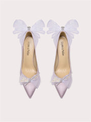 Lavender white bow party heels with flower embellishments