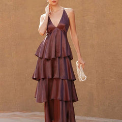 High waist sleeveless maxi dress in burgundy with flowing skirt