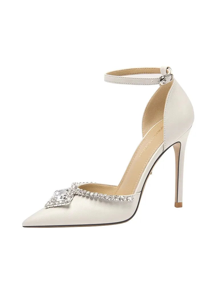 Elegant leather wedding sandals with thin heels