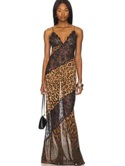 Leopard print spaghetti strap maxi dress with sheer patchwork