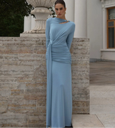 Light blue long sleeve maxi dress with asymmetric neckline and ruched waist