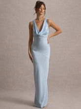 Light blue cowl neck gown for evening and formal events