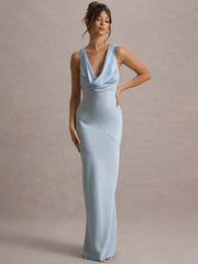 Light blue cowl neck gown for evening and formal events