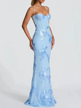 Light blue mermaid maxi dress with square neckline and floral embroidery