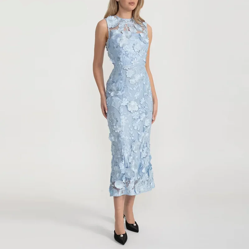 Light blue sleeveless lace dress with floral appliqué on a white background.