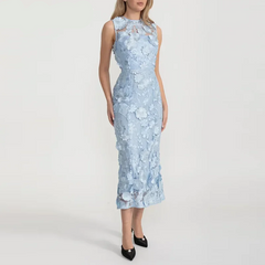 Light blue sleeveless lace dress with floral appliqué on a white background.