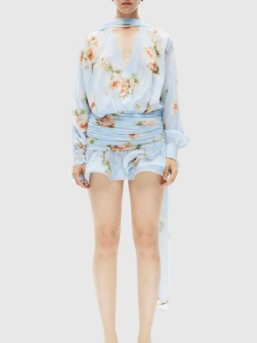 Light blue floral ruffle dress with long sleeves for casual summer