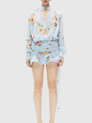 Light blue floral ruffle dress with long sleeves for casual summer