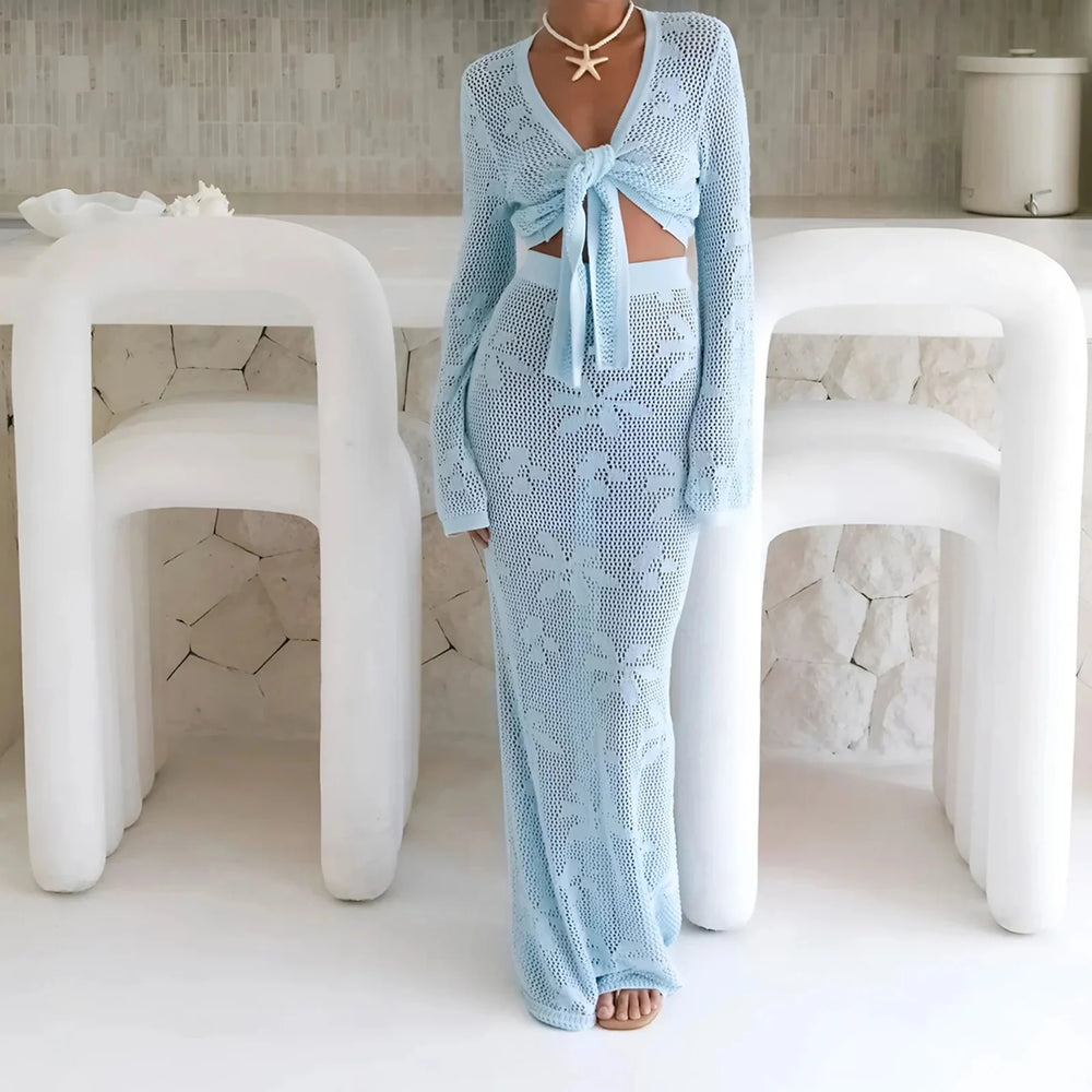 Light blue knit two-piece beach set with long sleeve knotted top and maxi skirt