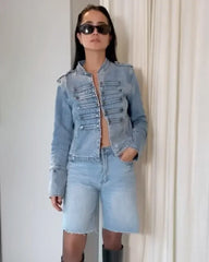 Military-inspired short utility jacket with button detailing and long sleeves