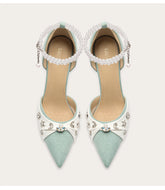 Light blue pearl party heels styled for evening events and celebrations