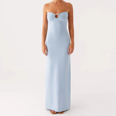 Light blue strapless ring gown styled for a modern event