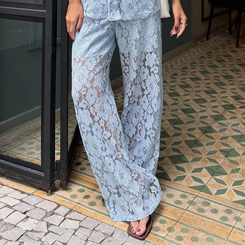 Turn-down collar lace shirt paired with matching full-length trousers