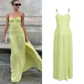 Pleated suspender maxi dress with high waist and flowing skirt