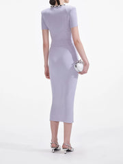 Pearl-detail matching set with button-front top and midi skirt