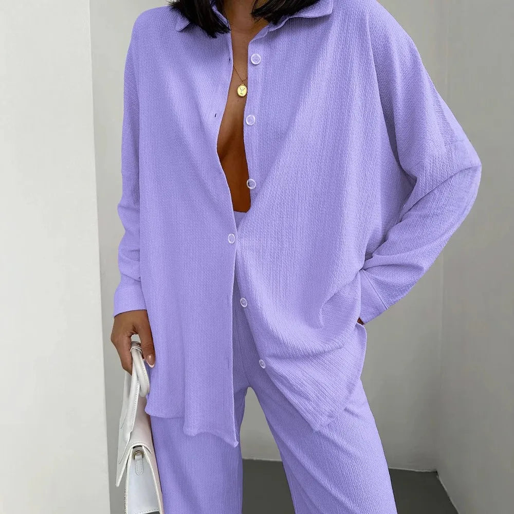 Light purple woven lounge set styled as comfy casual two piece
