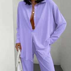 Light purple woven lounge set styled as comfy casual two piece