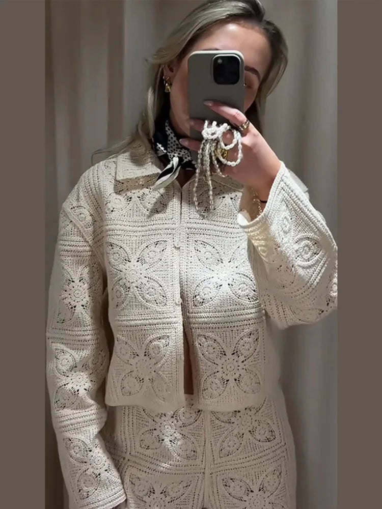 Summer openwork cardigan with high-waist shorts