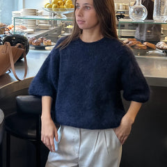 A close-up of the printed pattern and texture of the lightweight top.