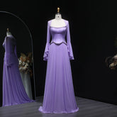 Lilac A-line evening gown with square neckline and flare sleeves on mannequin
