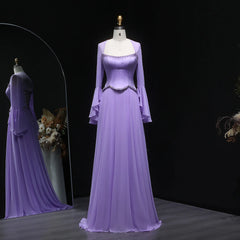 Lilac A-line evening gown with square neckline and flare sleeves on mannequin