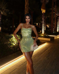 Lime green sequin mini dress styled for bold vacation outfits