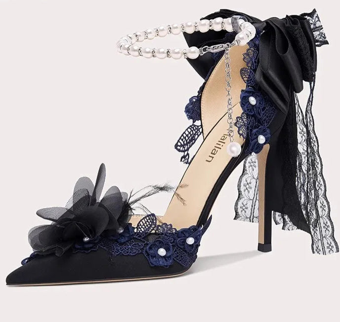 Lolita black stiletto party heels with lace and sheer accent