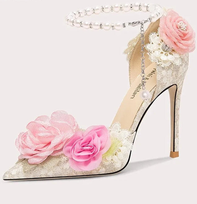 Lolita-inspired bridal pink heels for women with blossom and pearl accents